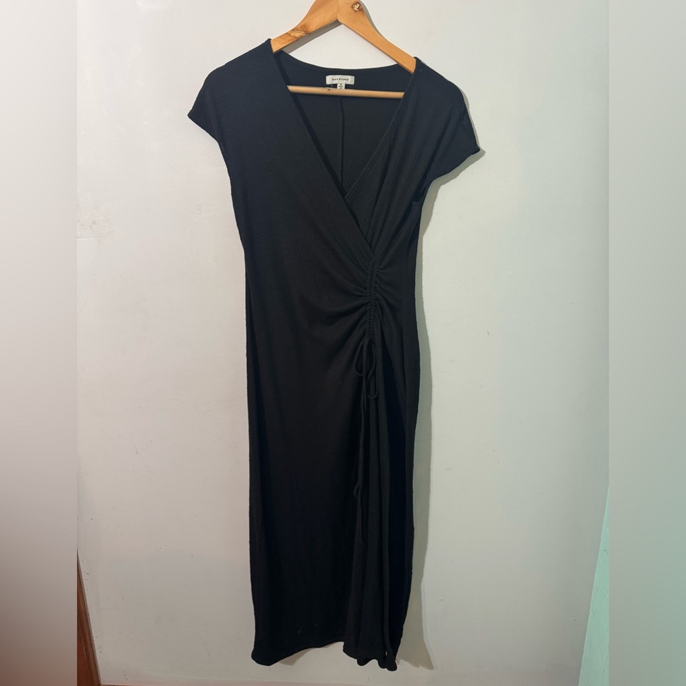 Max studio Elegant Black faux Wrap Dress short sleeve maxi ruched size small